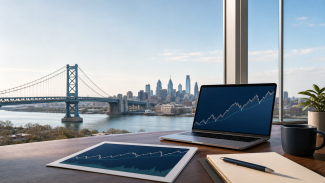 Office desk with rising-and-falling market charts overlooking the Benjamin Franklin Bridge and Philadelphia skyline, representing clients in South Jersey and Philadelphia.
