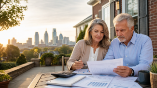 Mature couple reviewing property-tax and retirement-planning documents outside a Philadelphia-area suburban home, with the city skyline in the background.