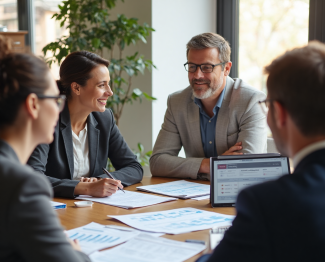 financial advisor and small business owners at conference table with documents
