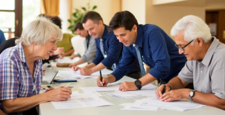 seniors at a table reviewing documents with men in ties