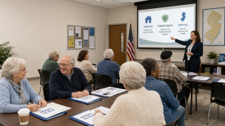 New Jersey seniors at property tax relief filing event learning about ANCHOR, Senior Freeze, and Stay NJ programs.