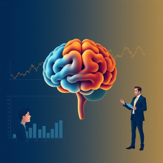 A human brain alongside market charts. A confused investor appears on one side while a professional financial advisor provides guidance on the other.
