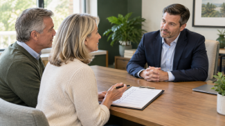 Couple discussing financial planning questions with an advisor, with an interview checklist on the desk.