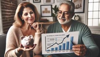 sitting couple at home - woman holding a piggy bank next to man holding stock performance sheet