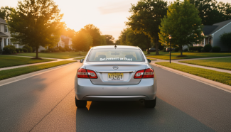 NJ licensed plate car driving through subdivision in Marlton, NJ towards a sunset with a "Retirement or Bust" bumper sticker