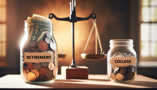 scale in background with large jar marked retirement with coins and bills and small jar marked college filled with coins