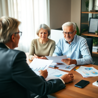 Senior couple reviewing retirement plans with a financial advisor.