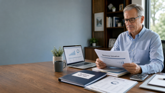 Landscape image of a small business owner reviewing business valuation, tax planning, and retirement strategy documents, illustrating how to prepare for selling a small business.