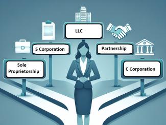 graphic image of woman in business suit at crossroads with signs marked: Sole Proprietorship, S Corporation, LLC, Partnership, C Corporation