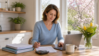 A person in a bright, tidy spring kitchen sits at a table with a laptop open with organized financial papers and a coffee mug, while flowering trees are visible through the window, suggesting spring cleaning and getting finances organized at home.