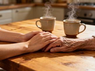 Young adult’s hands rests gently on top of an older parent’s hands on a kitchen table, symbolizing support and care. 