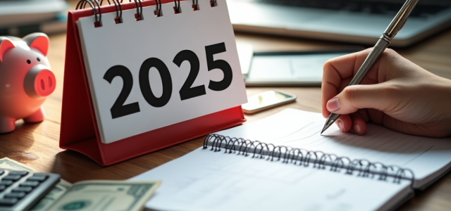 2025 calendar with money, calculator, notepad, and laptop in background