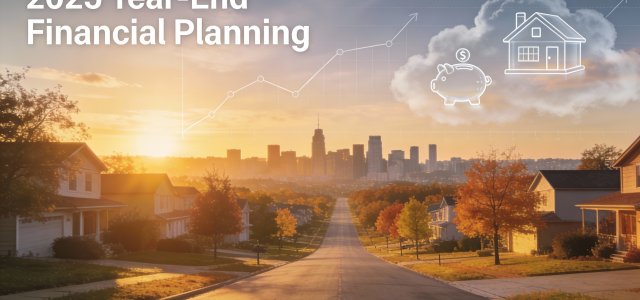A calm sunrise over city and suburb, symbolizing 2025 year-end financial planning and a clear path toward stronger finances in 2026.