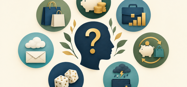  Illustration of seven money personalities surrounding a head silhouette, representing saving, spending, earning, indifference, splurging, gambling, and financial worry.