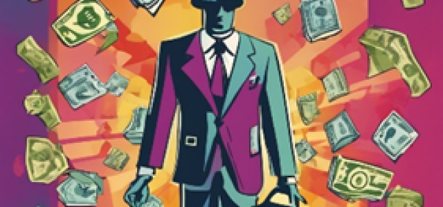 Man in suit with briefcase surrounded by money floating around him. 