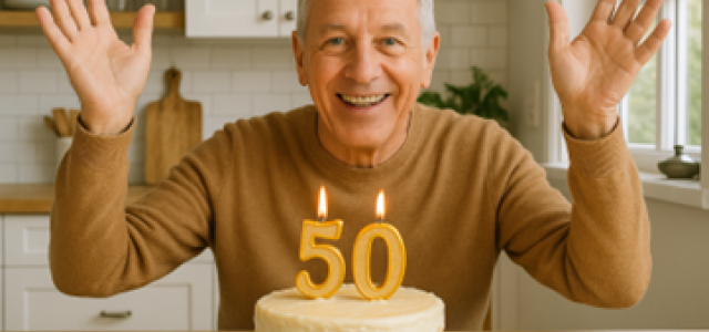 Man celebrates behind a birthday cake with "50" candles, symbolizing the start of important retirement planning milestones.