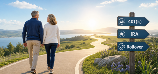 Couple holding hands on a sunset shoreline, walking past a wooden post with three directional arrows labeled 401(k), IRA, and Rollover.