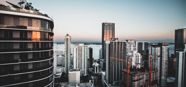 View of a city skyline from top of a building