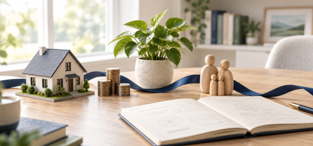 Comprehensive financial planning concept with a model home, family figurines, savings, and a growing plant connected on a desk.