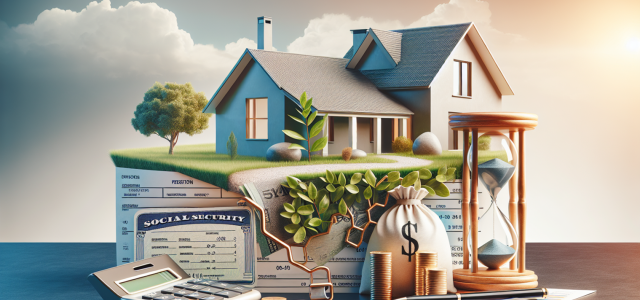 graphic image of a house on a hill behind images of a bag of money, calculator, hourglass, and social security card