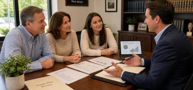 Middle-aged couple and adult daughter reviewing their estate plan with a financial planner in a modern South Jersey office, illustrating coordinated estate and financial planning.