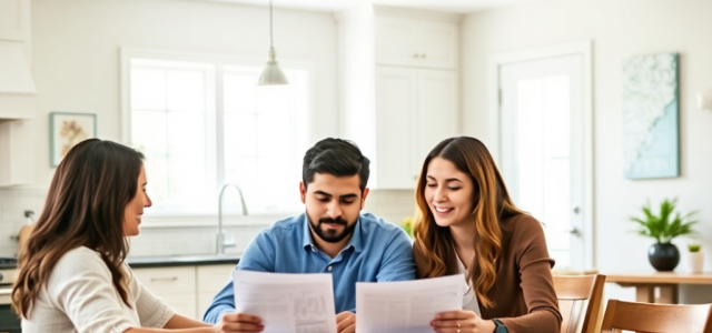 A professional, warm scene of a young couple sitting at a kitchen table in a modern Marlton, NJ home, reviewing financial documents with a Certified Financial Planner. 