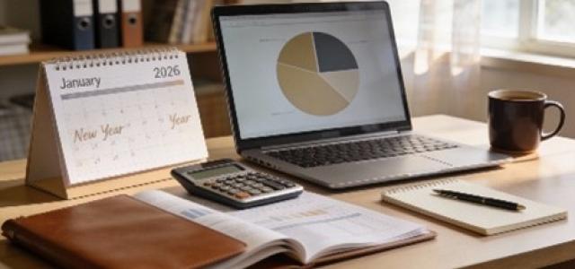 home office desk with computer showing oie chart, calendar, calculator and notebook for creating 2026 financial resolutions