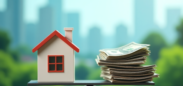 balanced scale of a house model and a stack of money and investment documents