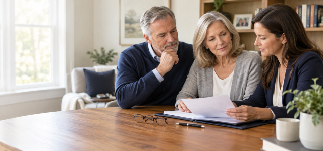 Couple reviewing estate planning documents with an adult daughter while choosing an executor for their will.