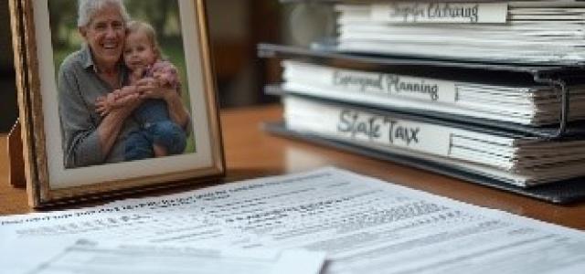 desk displaying inheritance tax planning documents and a framed photo of a grandparent with grandchild, symbolizing legacy planning across generations