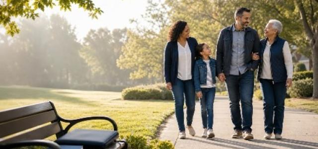A multigenerational family walking in a sunny suburban park, representing life insurance planning, family protection, and long-term financial security.