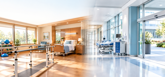 Split image of hospital and rehabilitation care settings for Medicare planning.