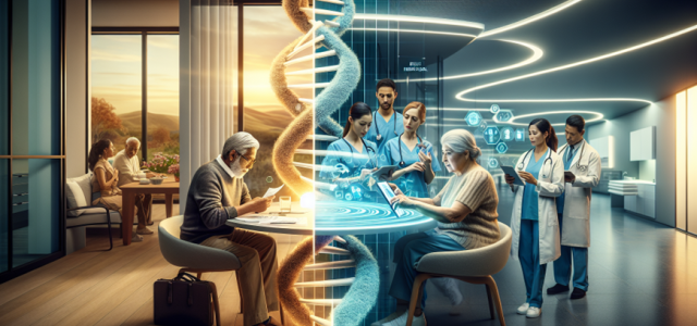 digital image of senior citizens at home on left and medical personnel at clinic on right