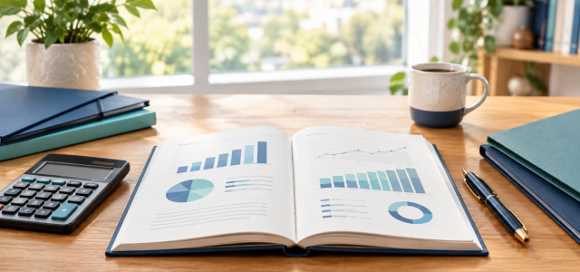 Financial planning notebook, calculator, and folders on an office desk, illustrating financial advisor fees and planning options.