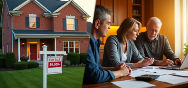 NJ Home with For Sale Sign; Inside Couple Review Documents