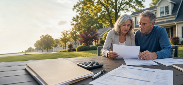 A mature couple reviews property-tax and retirement-planning documents at an outdoor table beside a well-maintained South Jersey suburban home. The image includes a calculator, pen, and financial paperwork.