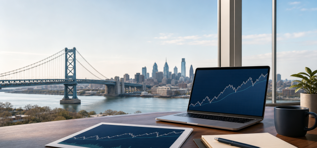 Office desk with rising-and-falling market charts overlooking the Benjamin Franklin Bridge and Philadelphia skyline, representing clients in South Jersey and Philadelphia.