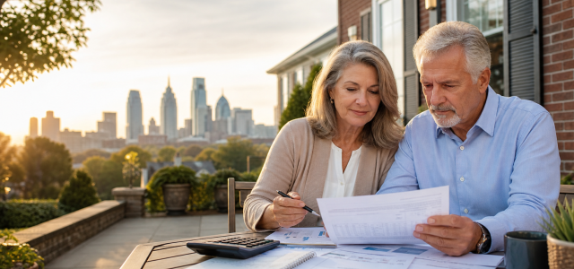 Mature couple reviewing property-tax and retirement-planning documents outside a Philadelphia-area suburban home, with the city skyline in the background.