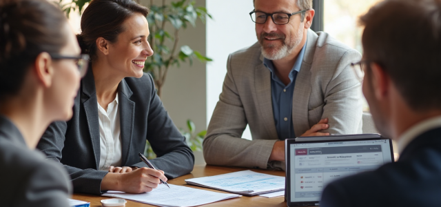 financial advisor and small business owners at conference table with documents