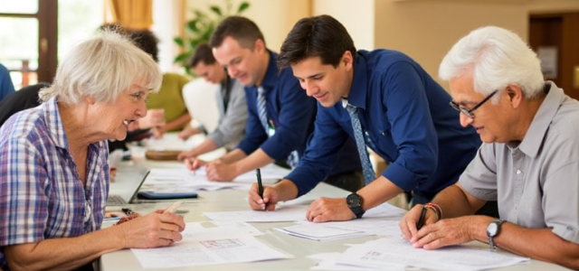 seniors at a table reviewing documents with men in ties