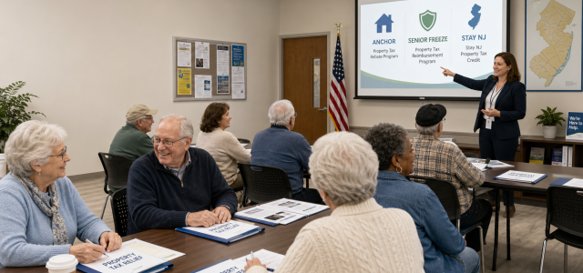 New Jersey seniors at property tax relief filing event learning about ANCHOR, Senior Freeze, and Stay NJ programs.