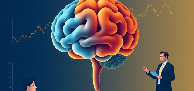 A human brain alongside market charts. A confused investor appears on one side while a professional financial advisor provides guidance on the other.