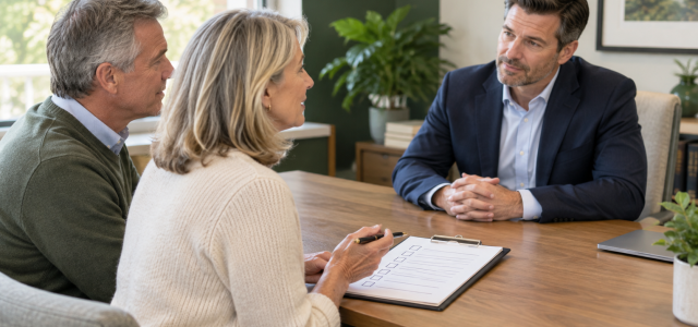 Couple discussing financial planning questions with an advisor, with an interview checklist on the desk.