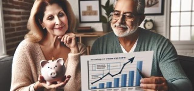 sitting couple at home - woman holding a piggy bank next to man holding stock performance sheet