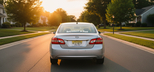 NJ licensed plate car driving through subdivision in Marlton, NJ towards a sunset with a "Retirement or Bust" bumper sticker