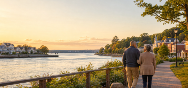 Retired couple walking along a scenic Delaware River overlook at sunset, representing retirement planning choices in New Jersey and Pennsylvania.