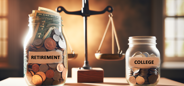 scale in background with large jar marked retirement with coins and bills and small jar marked college filled with coins