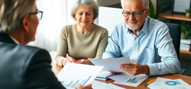 Senior couple reviewing retirement plans with a financial advisor.