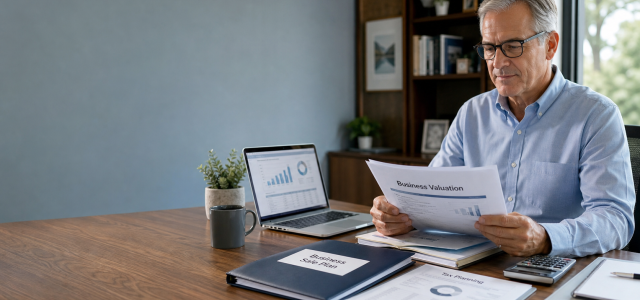 Landscape image of a small business owner reviewing business valuation, tax planning, and retirement strategy documents, illustrating how to prepare for selling a small business.