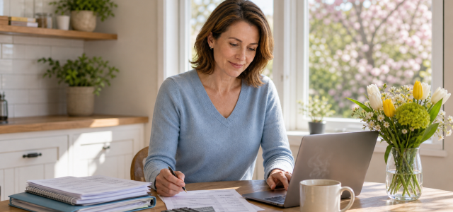 A person in a bright, tidy spring kitchen sits at a table with a laptop open with organized financial papers and a coffee mug, while flowering trees are visible through the window, suggesting spring cleaning and getting finances organized at home.